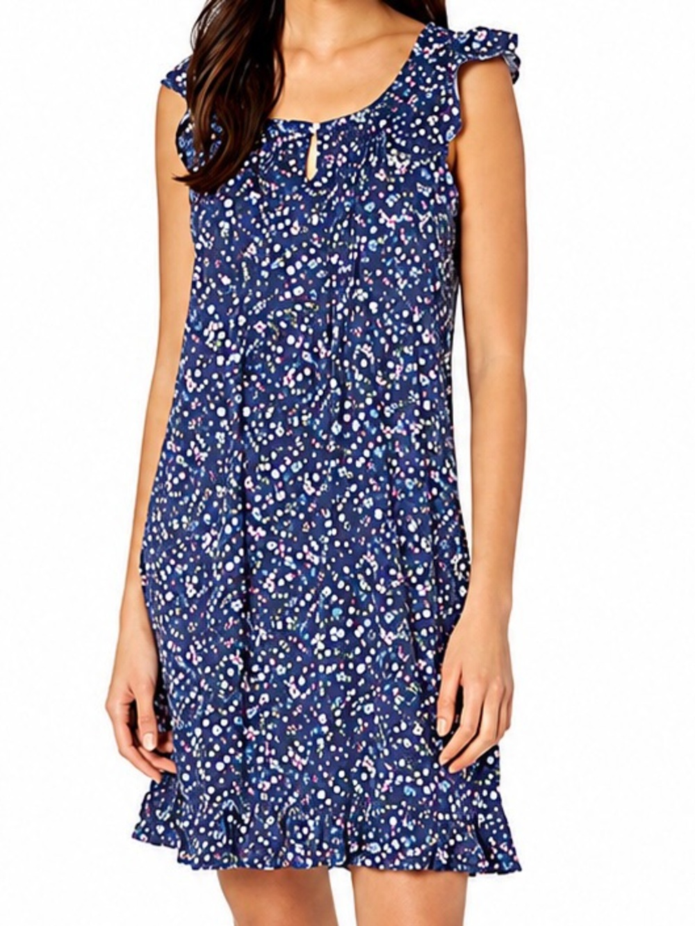 NEW Size S Ralph Lauren Navy Blue Floral Cotton Keyhole Flutter Sleeve Dress
